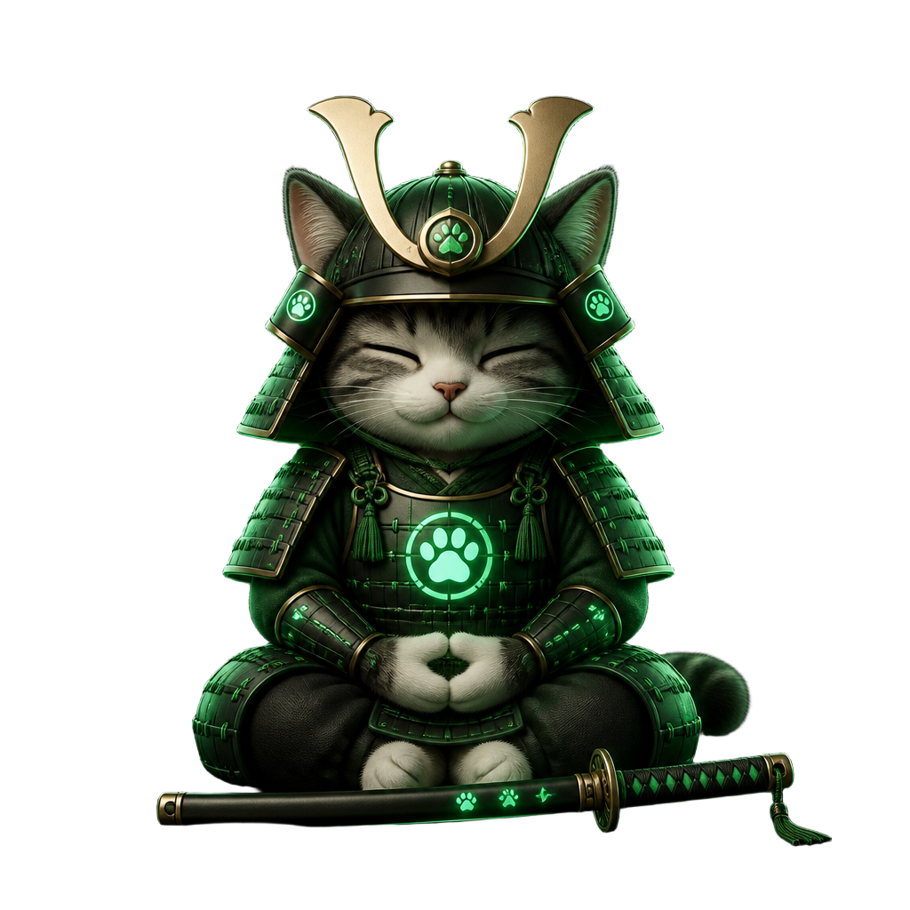 Shogun Cat meditating in green samurai armor beside a katana
