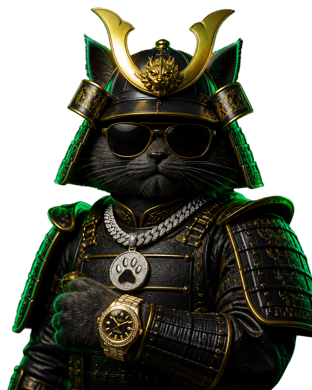 Shogun Cat mascot wearing a samurai kabuto helmet, dark armor, sunglasses, diamond chain and gold watch