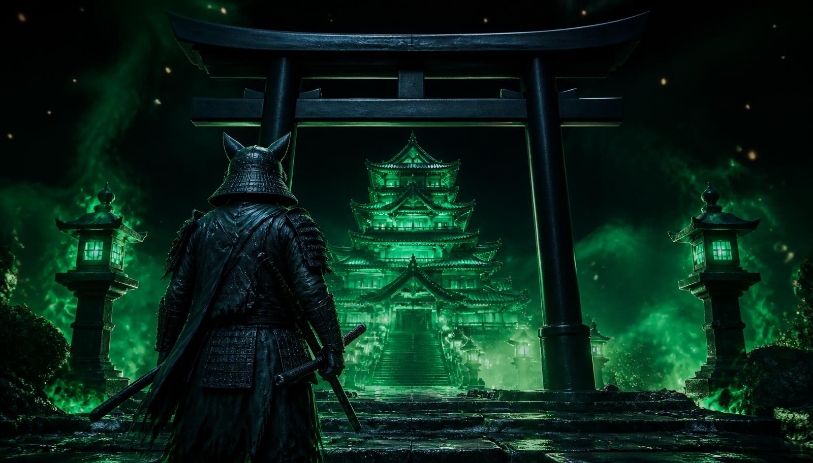 Shogun Cat standing before a glowing green Japanese temple at night